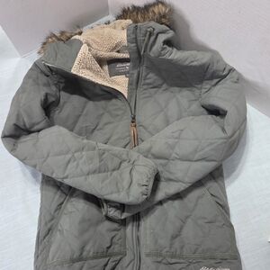 Womens Eddie Bauer Olive Green Quilted Jacket with Faux Fur Hood